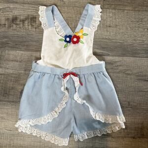 Vtg Romper Girl 24 Month 2T Blue 90s Flowers Shorts Easter Eyelet Ruffle Overall